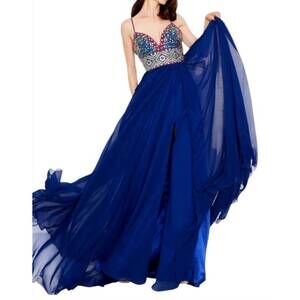 NEW ANGELA & ALISON beaded a-line prom dress in navy